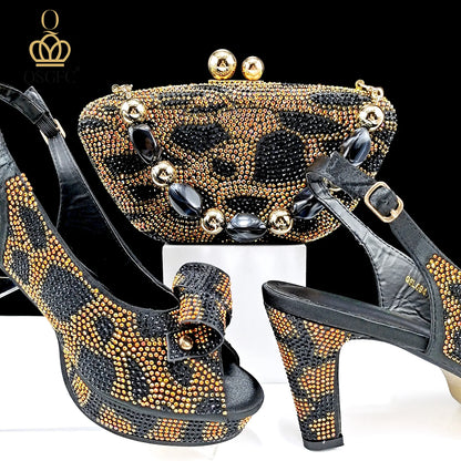 Nigeria Women's Open Toe High Heels Package Set Leopard Colorblocking Hot Rhinestones Fashion Sexy High Heels