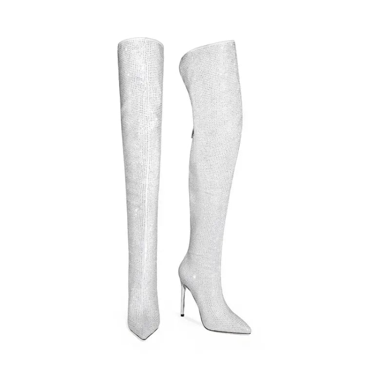 Silver Black Rhinestone 12cm High Heel Long Boots New Fashion Show Shiny Diamond Pointed Women's Over The Knee Boots Size 34-46