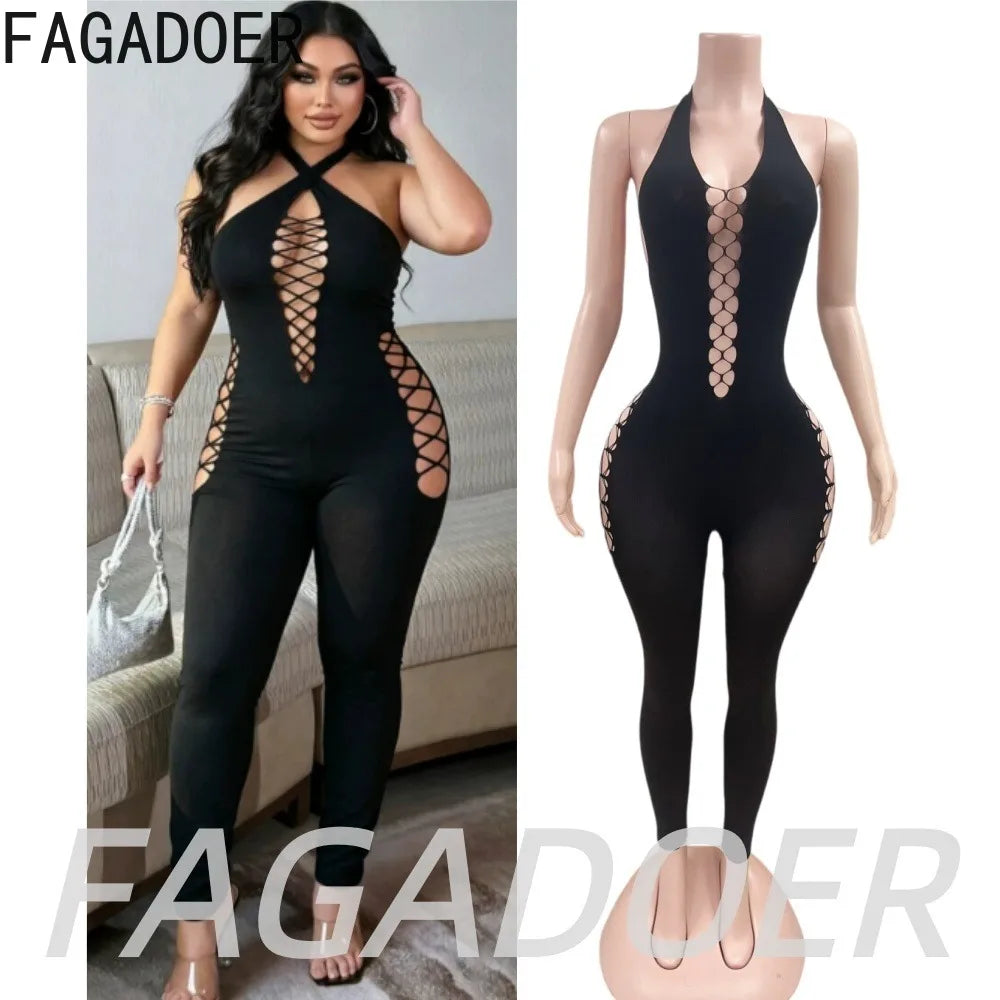 FAGADOER Sexy Black Hollow Out Jumpsuits Fashion Off Shoulder Halter Side Cross Lace-Up Cutout Bodycon Rompers Night Club Wear