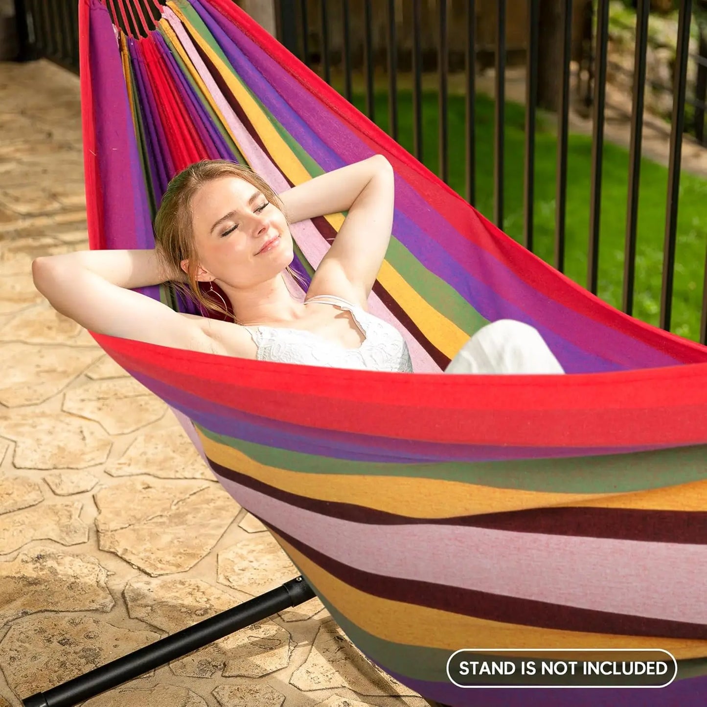 Double Hammock 2 Person Canvas Cotton Hammock with Tree Straps for Patio Garden Backyard Outdoor and Indoor (Red, Blue)