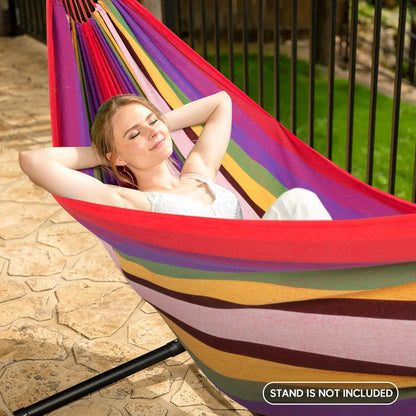 Double Hammock 2 Person Canvas Cotton Hammock with Tree Straps for Patio Garden Backyard Outdoor and Indoor (Red, Blue)
