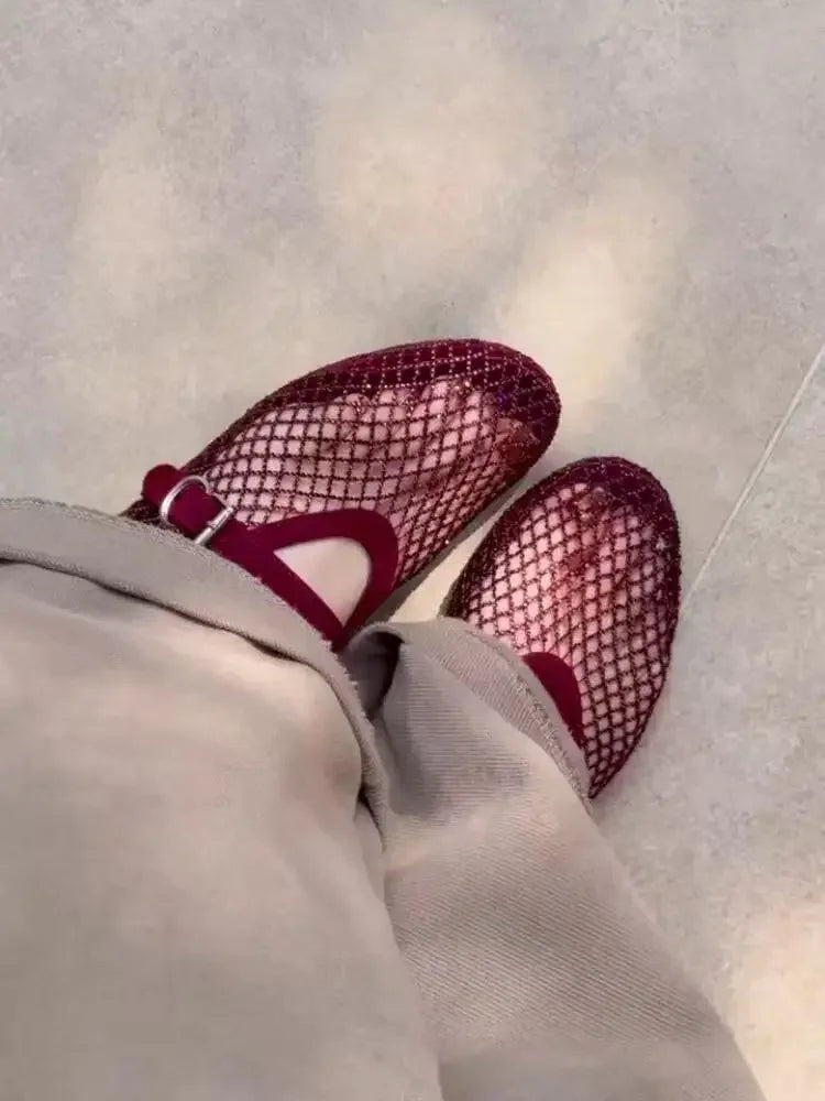 2026 New Model~ Fishnet Rhinestone Ballet Flat Mary Jane Women's Shoes with Hollowed-Out Strap