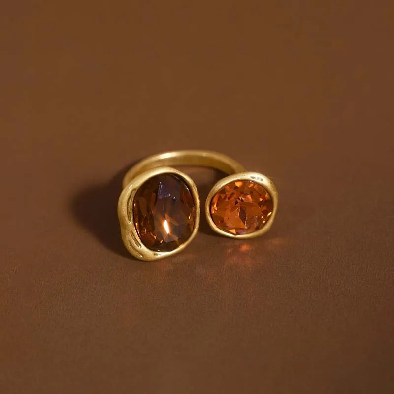Vintage Brown Crystal Elliptical Open Rings For Women Luxury Rhinestone Contrasting Geometric Adjustable Finger Ring Jewelry