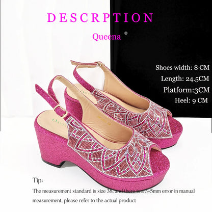 Queena Yan Sky Blue Elegant Nigerian Rhinestone Wedding Shoe and Bag Set Italian Inspired High Heels and Matching Handbag