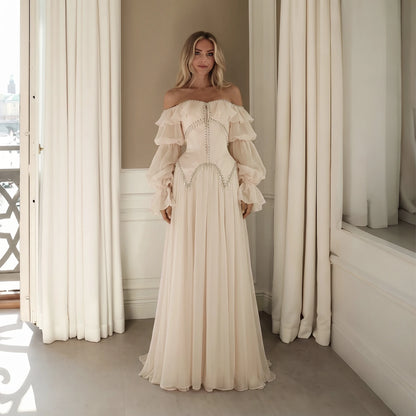 Sharon Said Evening Dresses Luxury A-Line Off Shoulder Chiffon Pearls Crystals Puff Sleeves Wedding Party Gowns SS412 Customized