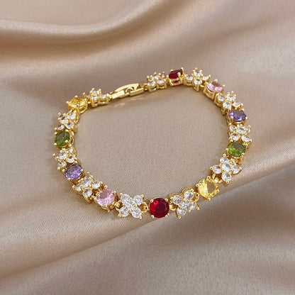 Greatera Flower Colorful Cubic Zircon Filled Decoration Women's Bracelet Delicacy Wear Party Wrist Bangle European American New
