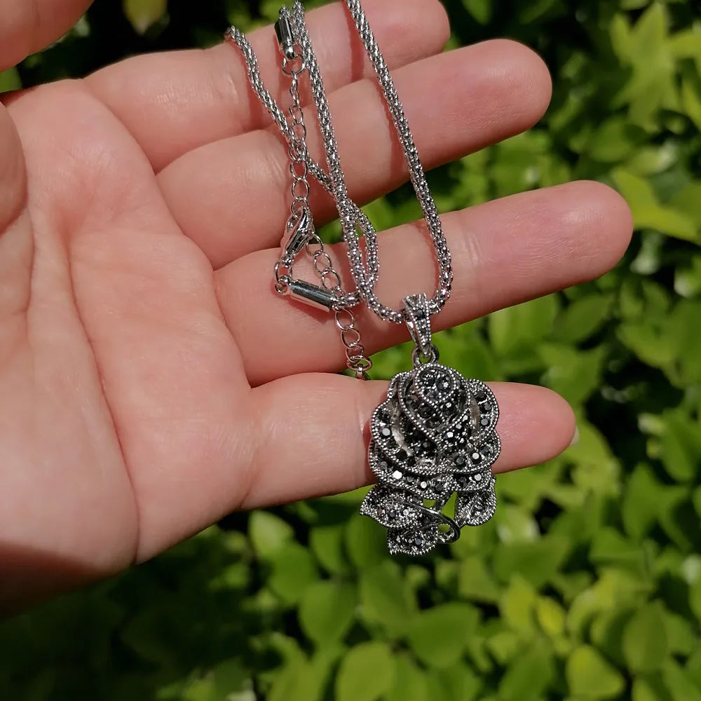 Ajojewel Black Rhinestone Rose Flower Necklace Ring And Earring Set For Women Vintage Jewelry Nice Gifts For Girlfriend