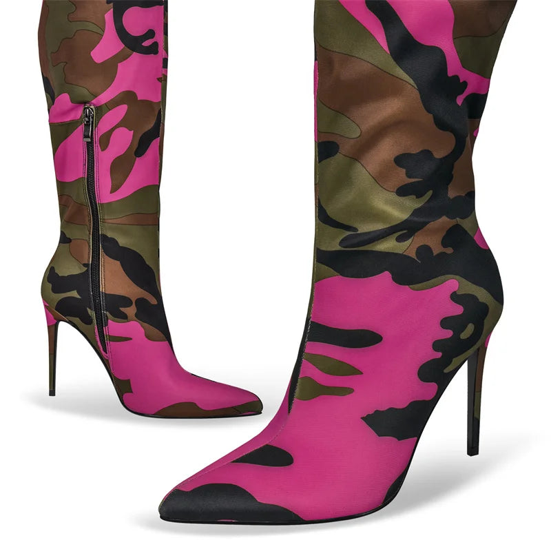 Onlymaker Womens Mixed Colors  CamouflageOver The Knee Boots Thin Heel Pointy Colorful Print  Thigh High Boots