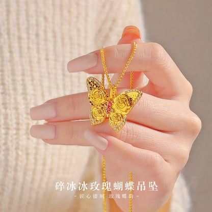 luxury real gold jewelry 24k certifid sparkling crushed ice rose butterfly pendant women's 999 pure gold dot diamond necklace