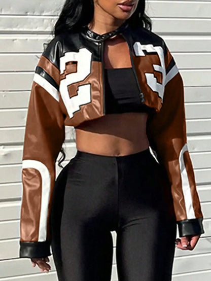 2025 New Women's Artificial Leather Jacket PU Leather Short Jacket Digital Printed Fashion Streetwear Motorcycle Casual Jacket