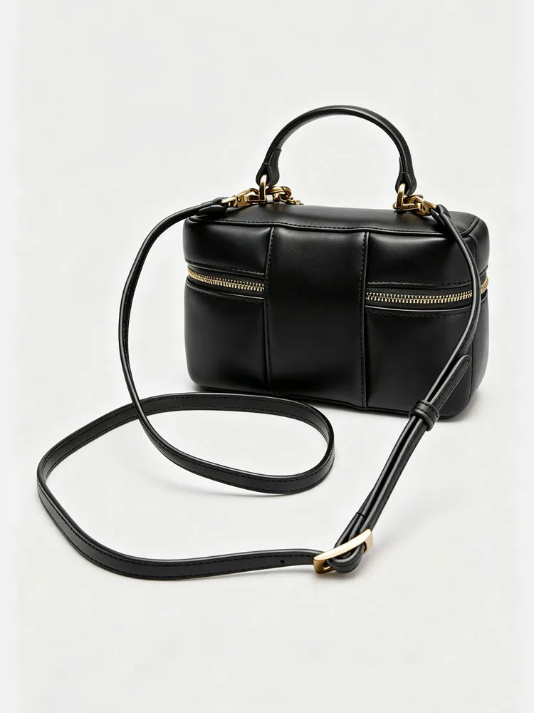 Womens Vintage National PU Leather Waterproof Quilted Chain Bag Black Crossbody Bag Bell Charm Top Handle for Date