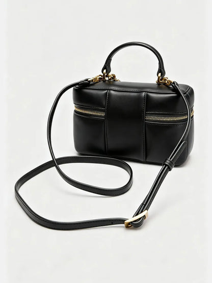 Womens Vintage National PU Leather Waterproof Quilted Chain Bag Black Crossbody Bag Bell Charm Top Handle for Date