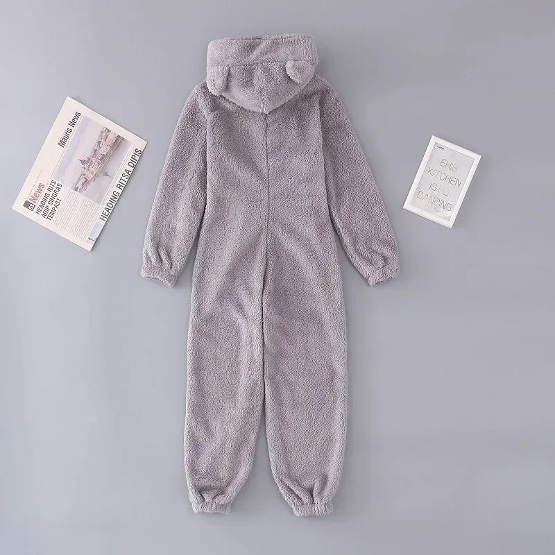 2025 New Sexy Onesies for Women Plush Hooded Bum Open Ass Flap Jumpsuit Thicken Pajamas Solid Long-Sleeve Zipper Sleepwear