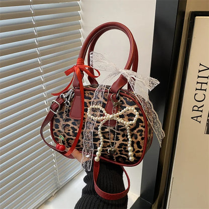 Vintage Leopard Pu Shoulder Bags for Women Portable Trendy Ladies Crossbody Bag Lace Pearl Pendant Female Bowling Handbags