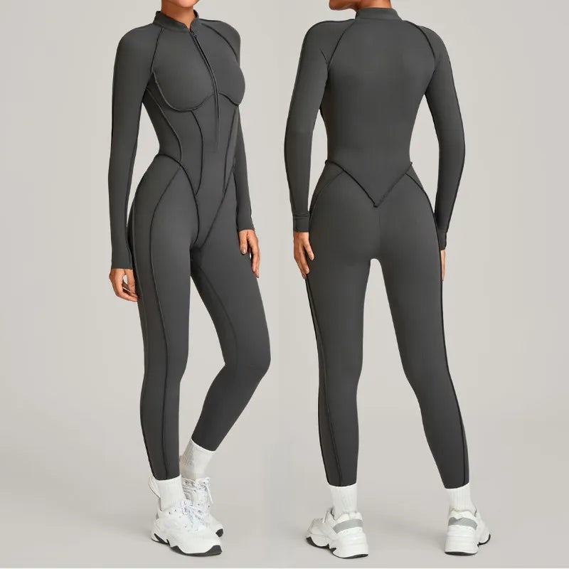 Women's Winter Yoga Jumpsuits Sports Fitness Hip-Lifting Slimming One-piece Zipper Long-Sleeved Outdoor Gym Workout Bodysuits