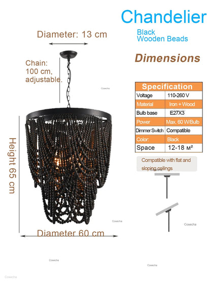 Black French Country Chandelier Large Hanging Lights Dia60 H65cm Living Room Boho Wood Bead Chandelier For Bedroom Dining Room