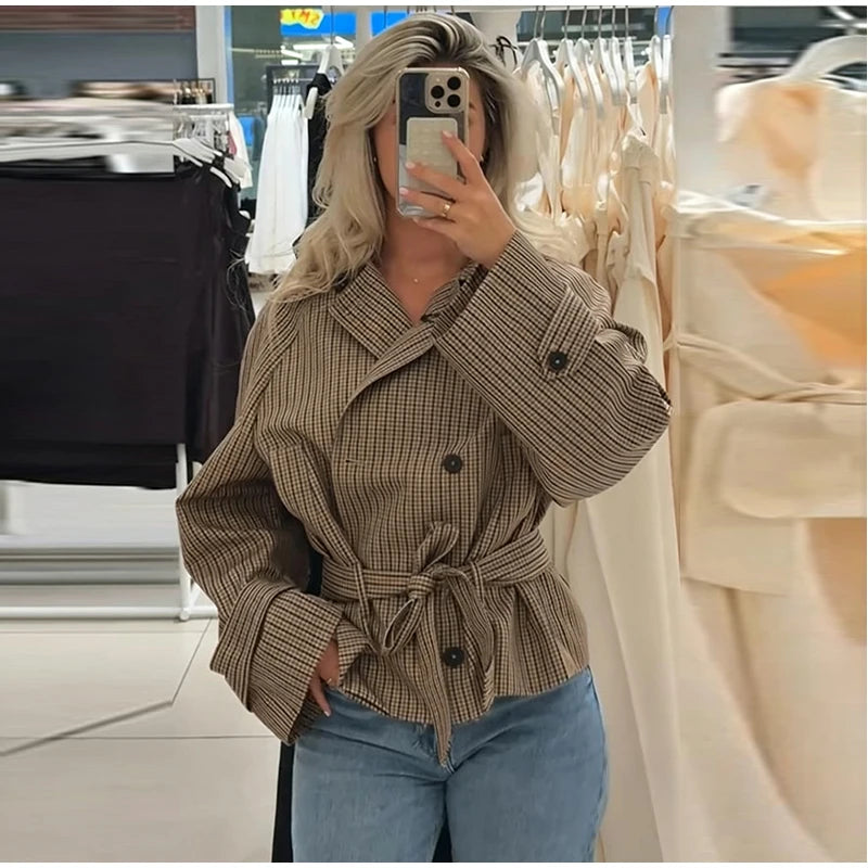 Plaid Cropped Trench Coat Lapel Collar Double Breasted Belted Waist Long Sleeve Women All-match Coats 2026 Autumn Commute Outfit
