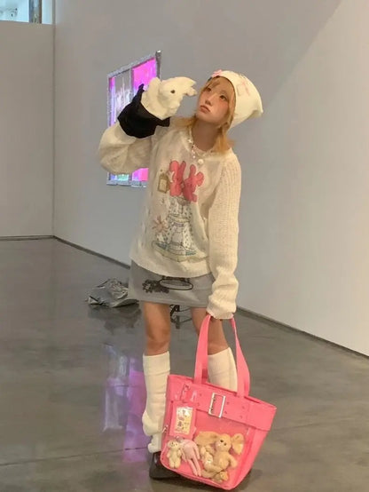 JIAERDI Harajuku Pink Ita Bags Women Japanese Transparent Pu Leather Large Capacity Tote Bag Female Hot Girls Handbag Aesthetic