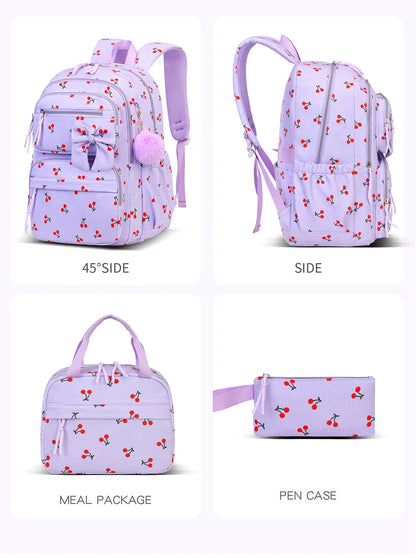 2026 High Quality Corduroy Three Piece Backpack with Cherry Pattern Princess Large Capacity Lightweight School Bag mochilas