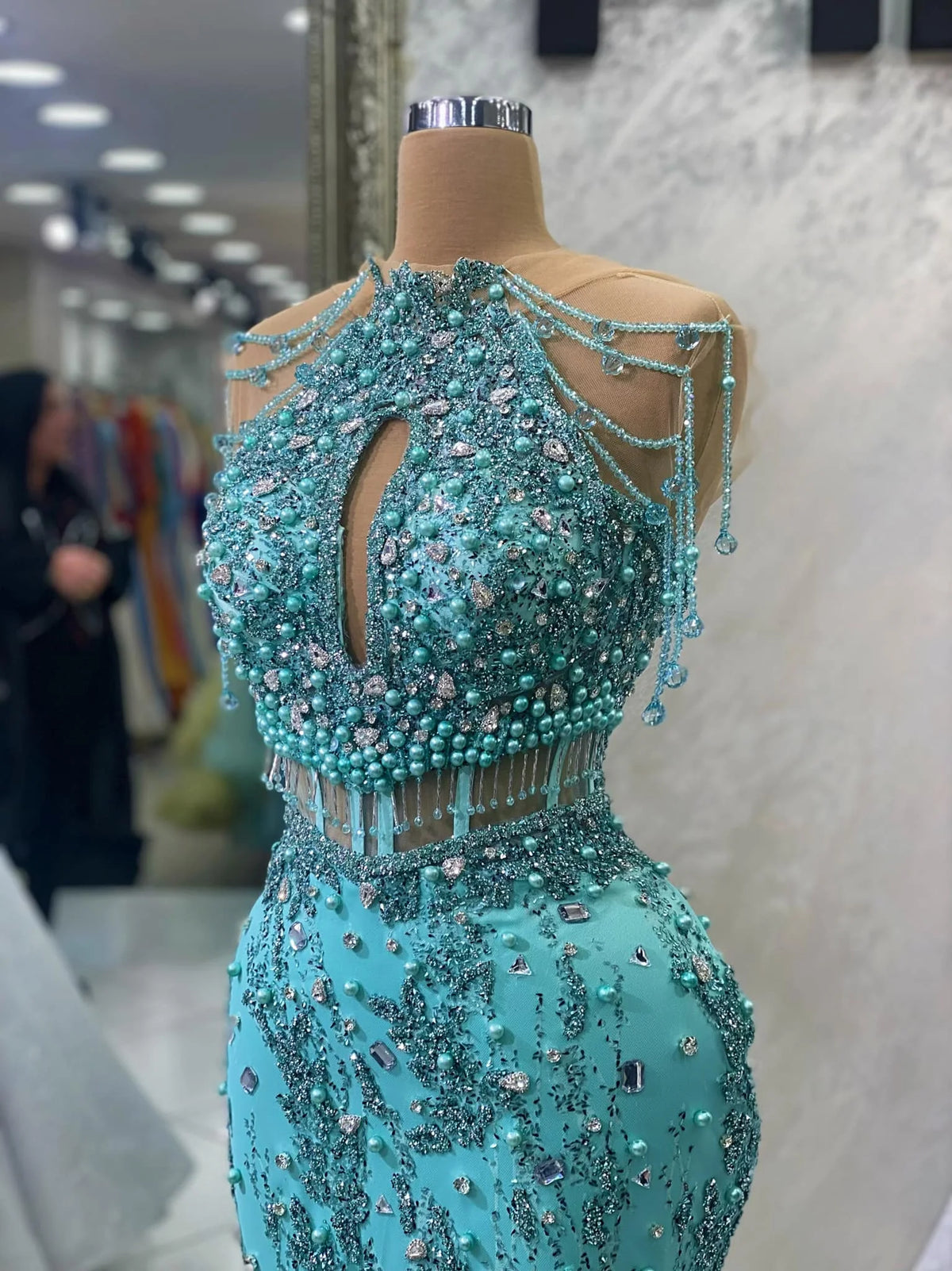 Elegant Scoop Beaded Mermaid Evening Dresses Green Pearls Tassel Prom Party Dress Sleevelss Crystal Robes de soiree Customized