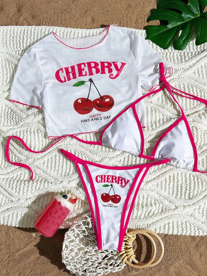 Cute Halter Bikini 3 Pieces Cherry Print 2026 Sexy & Fresh Feeling Bathing Suit Three-Piece Swimsuit Dark Blue Beach Swimwear