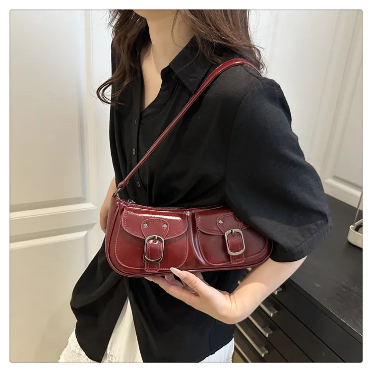 Fashion Pu Leather Women's Shoulder Bag Small Double Pocket Design Ladies Underarm Bags Y2k Vintage Female Handbags Clutch Purse