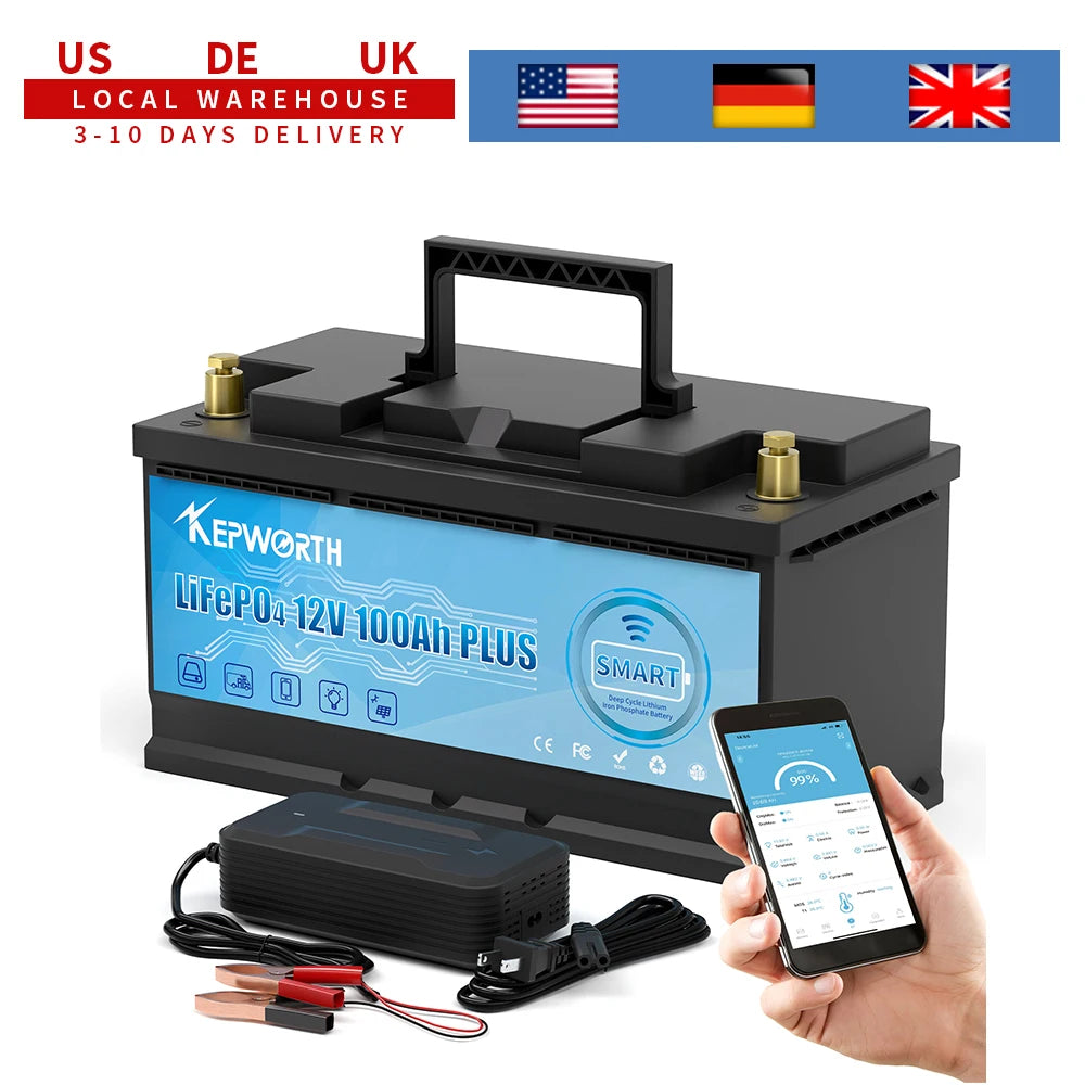 KEPWORTH 12V 100Ah Lithium Iron Phosphate Battery Upgraded BMS 6000 Cycles For RV Campers Golf Cart Off-Road Off-Grid Solar Wind