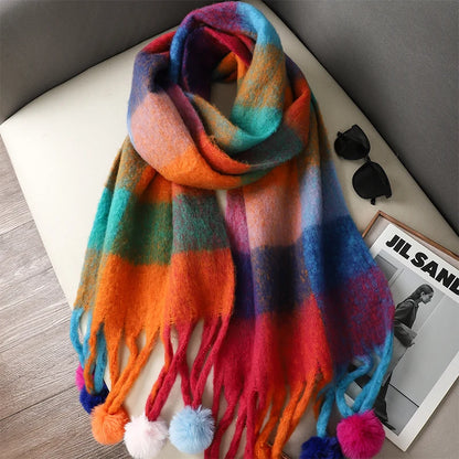 Winter Scarf Women Luxury Autumn Winter Cashmere Scarf Thickened Warm Shawl Classic Tassels Fluffy Scarf Plaid Color Soft Shawl