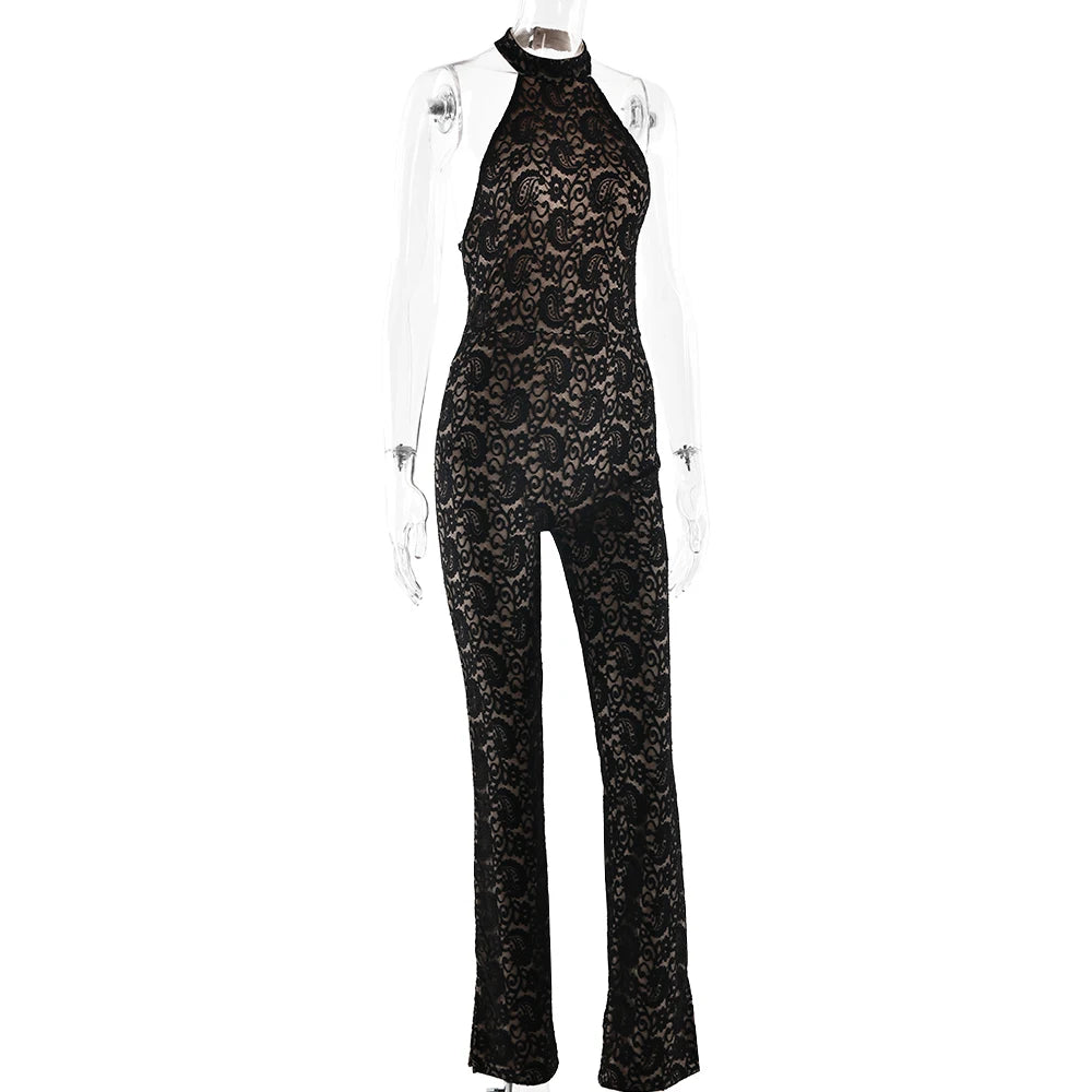 Fantoye Sexy Backless Lace Patchwork Women Jumpsuit Black Sleeveless High Elastic Rompers Spring Bodycon Elegant Party Clubwear