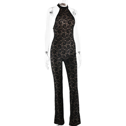 Fantoye Sexy Backless Lace Patchwork Women Jumpsuit Black Sleeveless High Elastic Rompers Spring Bodycon Elegant Party Clubwear