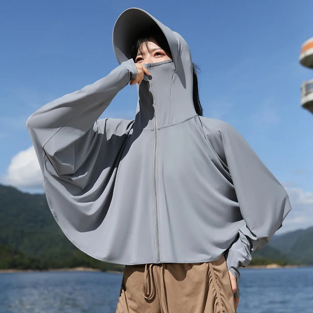 Solid Color Sunscreen Hoodie Long Sleeve Large Brim Hat Summer Sunscreen Shawl Thin Arm Sleeves Ice Silk Short Jacket Running