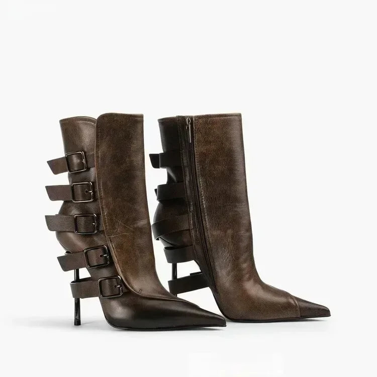 New Belt Buckle Stiletto High Heels Knee Length Boots Autumn/Winter Women's Fashion Pointed Party 34-46 Large Medium Boots