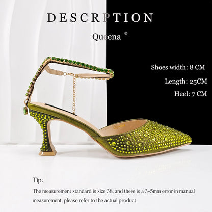 Newest Noble and Elegant Combination Style Colorfulr Rhinestone Design Olive Color Party Wedding Pointed Toe High Heel and Bag