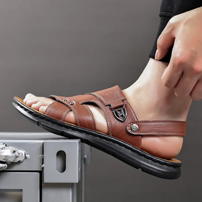 Mens Slippers 2026 New Summer Breathable Outdoor Non Slip Thick-soled Beach Shoes Leather Comfortable Casual Driving Sandals Man