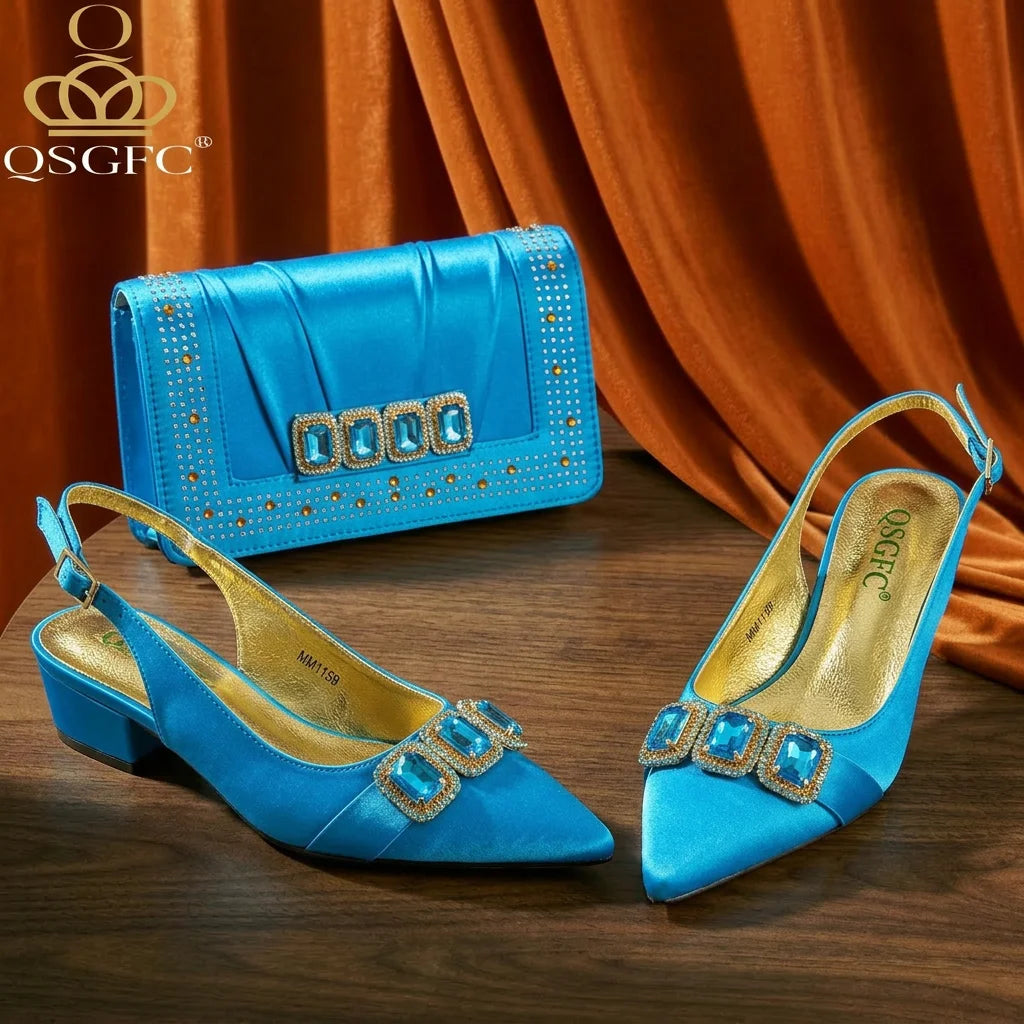 QSGFC 2026 Summer New Design Specials Italian Women Shoes and Bag Set Sky Blue Color Comfortable Low Heels With Rhinestone