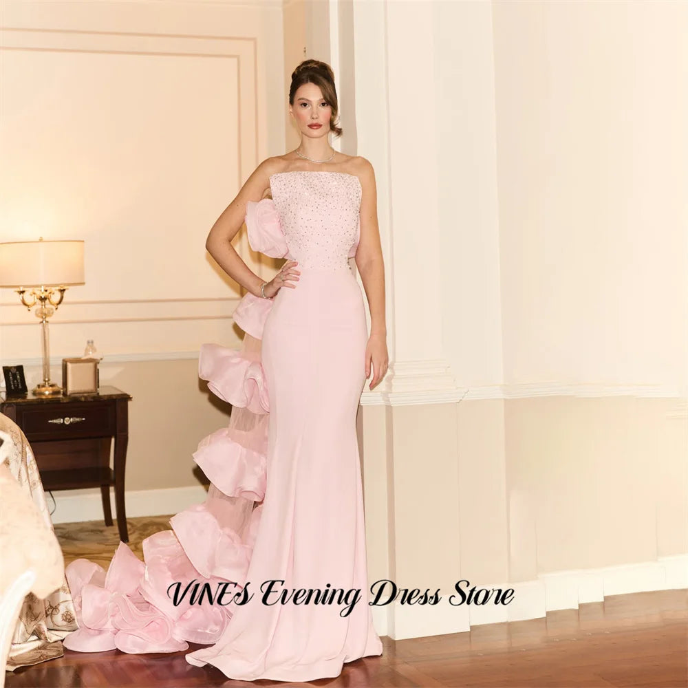 VINES Pink Prom Dresses Strapless Sleeveless Gala Dresses with Train Wrap Hips Saudi Arabic Satin Evening Party Gown Customized