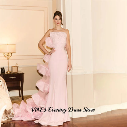VINES Pink Prom Dresses Strapless Sleeveless Gala Dresses with Train Wrap Hips Saudi Arabic Satin Evening Party Gown Customized