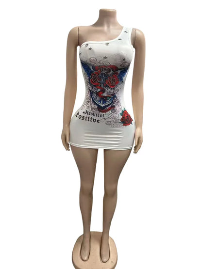 Stylish Lady Retro Tattoo Graphic Print One Shoulder Mini Dresses 2026 Women Eyelet Decor Rhinestone Bodycon Party Club Dress