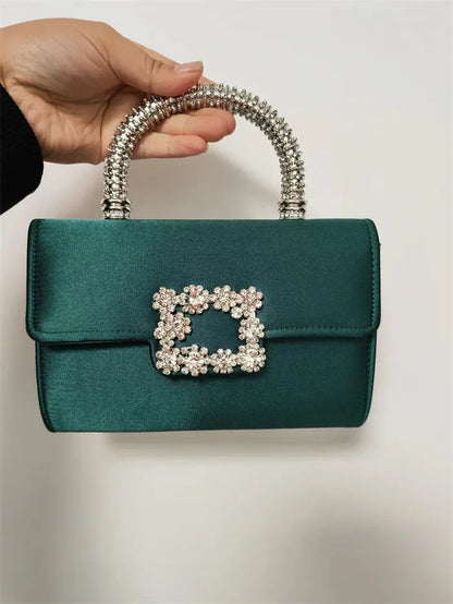 Rhinestone Faux Silk Emerald Evening Bag Silver Diamond Buckle Handle Fashion Handbags Elegant Ladies Square Bolsa Feminina