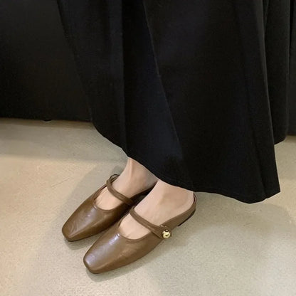 Soft Leather 2025 Ins Silver Buckle Strap Casual Shoes Fashion Flats Elegant Glitter Metallic Mules Shoes Cover Toe Slippers