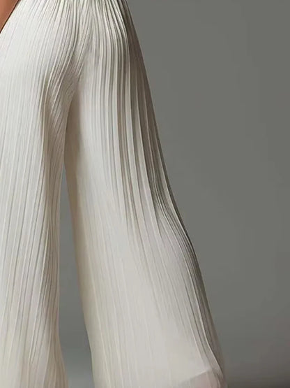 Sleeveless Pleated Wide Leg Jumpsuit Stand Collar Front Zipper Deep V Flowy Chiffon Pant Romper Women Elegant Formal Outfit