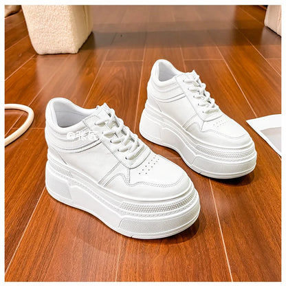 10-14cm Chunky Sneakers Women Platform Shoes Elevator Shoe White Mesh Breathable Sneakers Real Leather Increasing Shoes