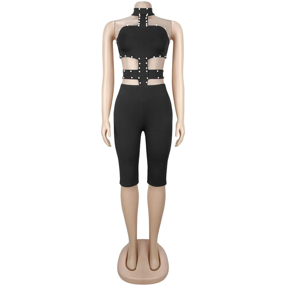 Beads Decorate Playsuits Women Hot Commodity Jumper One Piece Jumpsuit Sexy Halter Cutout Sleeveless Backless Skinny Rompers