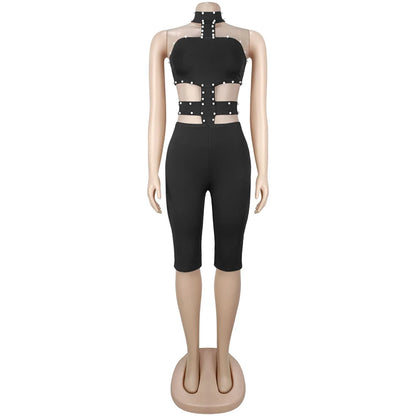 Beads Decorate Playsuits Women Hot Commodity Jumper One Piece Jumpsuit Sexy Halter Cutout Sleeveless Backless Skinny Rompers