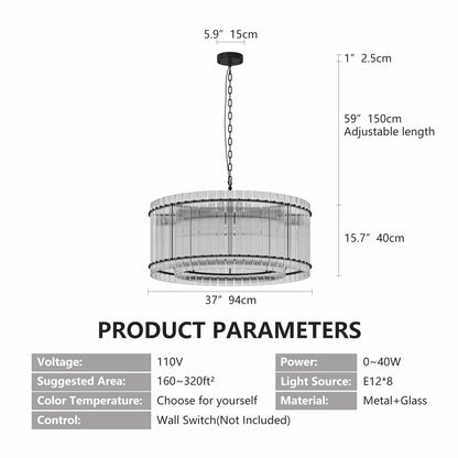 37" Modern Black Round Chandelier,2-Tier 8-Light Water Ripple Crystal Glass Chandeliers,for Dining Room,Living Room,Bedroom