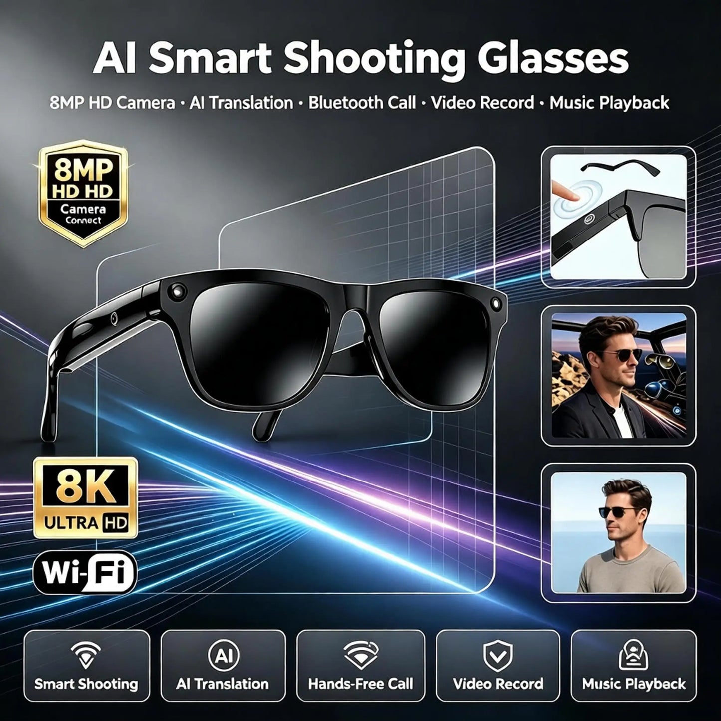 AI Smart Shooting Glasses with 8MP HD Camera AI Translation Bluetooth Call Video Record Music Playback Multi-functional Fashion