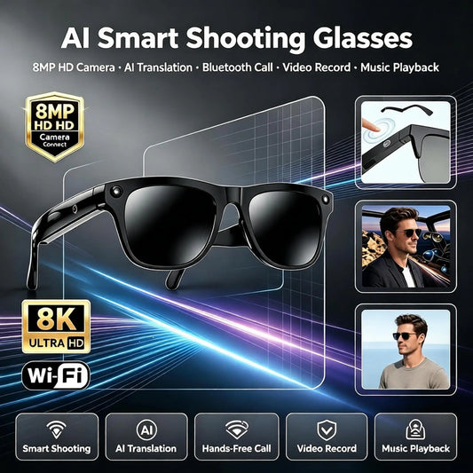 AI Smart Shooting Glasses with 8MP HD Camera AI Translation Bluetooth Call Video Record Music Playback Multi-functional Fashion