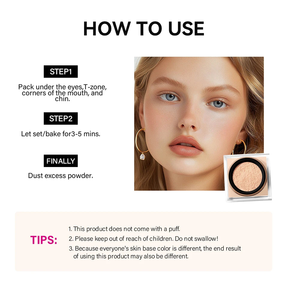 Loose Baking&Setting Powder Long Lasting Oil Control Natural Face Matte Waterproof Brighten Loose Powder Makeup Cosmetics
