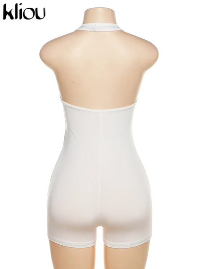 Kliou Casual Halter Rompers Women Sporty Concise Solid V-neck Sleeveless Cleavage Backless Skinny Playsuits Female Activewear