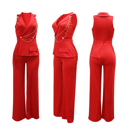 CMYAYA Elegant Womenv-neck High Waist Straight Sleeveless Blazer Jumpsuits 2024 Fall Street Chain Office Lady Party Rompers